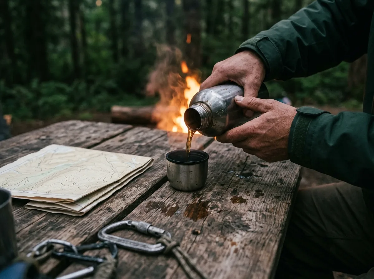 山頂上登山者捧著熱飲休息